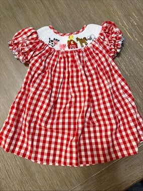 Red Gingham Smocked Farm Animal Dress for Girls